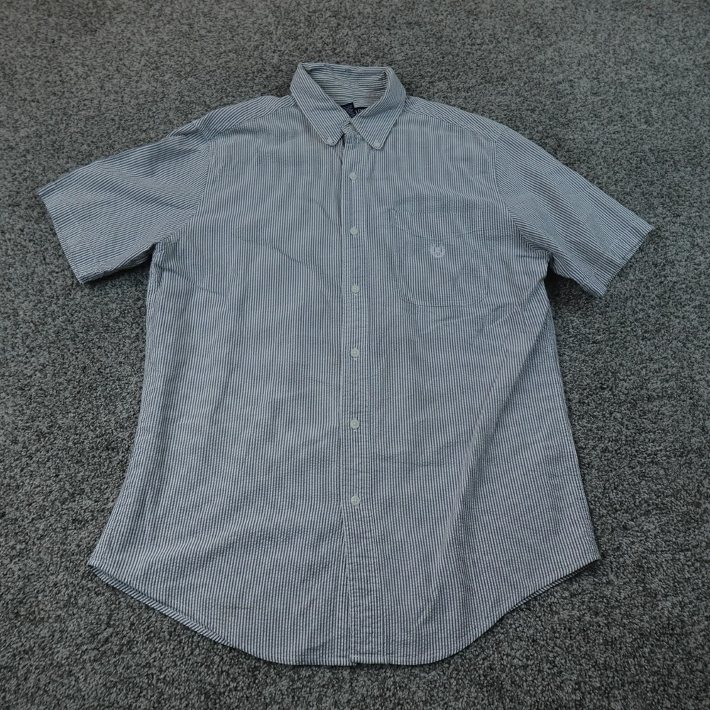 Chaps Shirt Mens M Blue White Stripe Seersucker Button Up Short Sleeve Crest Top